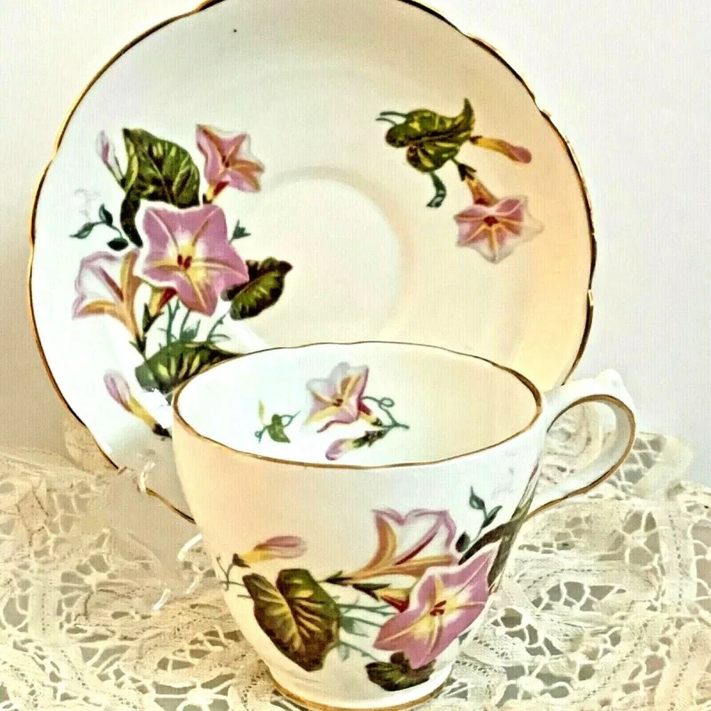 Bone China Tea Cup Saucer Morning Glory Pink Floral Regency England